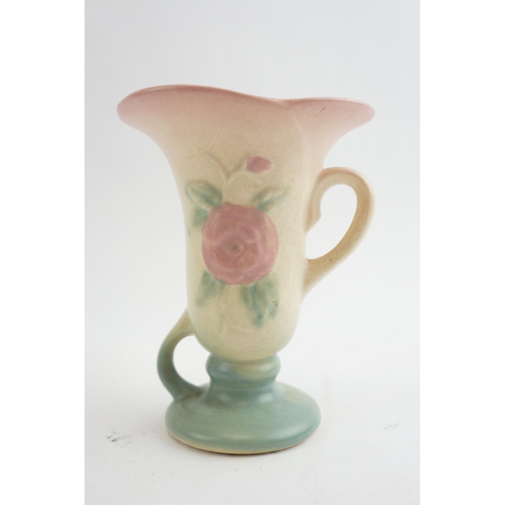 Hull Pottery Vase Double Handle Pink Yellow Camellia Open Rose